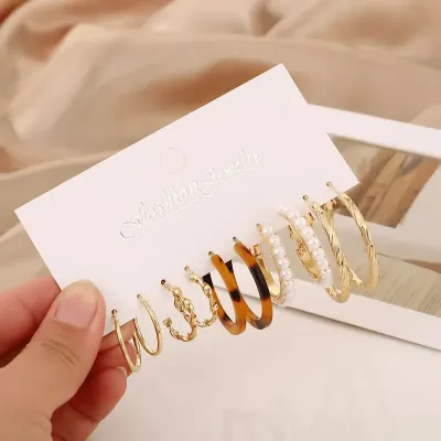 Trendy Round Shape Leopard Pearl Hoop Earrings Set (5 pairs)